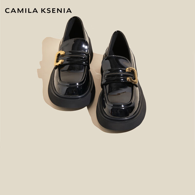CAMILA KSENIA小皮鞋女士2026年夏季新款一脚蹬英伦风平底百搭休闲乐福鞋子厚底 黑色 38