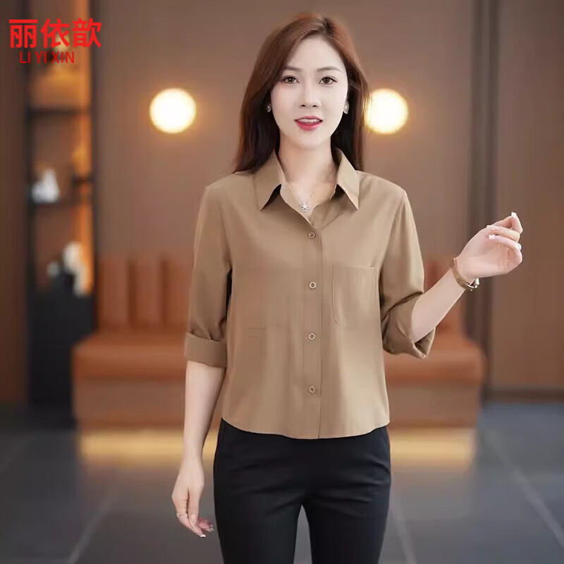 丽依歆时尚气质衬衫女2026年春夏季新款长袖百搭显瘦短款小个子洋气衬衣 卡其色 L 105-115斤