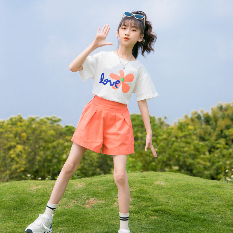 洛童欧女童夏装儿童套装女孩衣服9一12岁中大童女装夏季薄款短袖两件