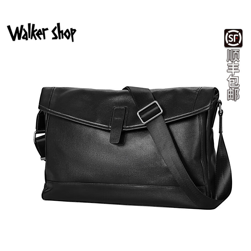 Walker Shop品牌单肩包男士头层牛皮商务大容量斜挎包时尚软牛皮背包男 绅士黑-小号 礼盒装