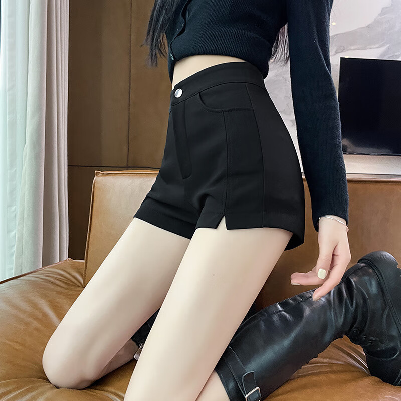 2024新款高腰弹力包臀打底裤小个子外穿黑色西装短裤女秋季 黑色 XS