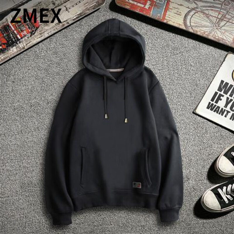ZMEX纯色卫衣男连帽夏薄款黑色带帽外套潮流宽松大码男士套头帽衫上衣 黑色春秋款 XL