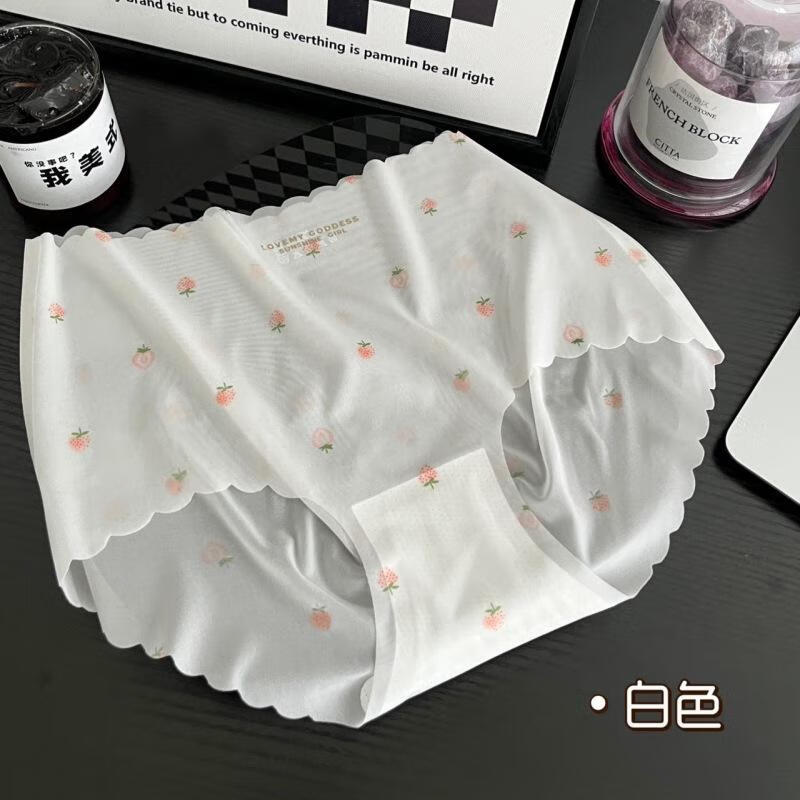 冰丝超薄无痕一片式草莓内裤女士中腰舒适透气女生三角裤 白色 1条 XL（120-140斤
