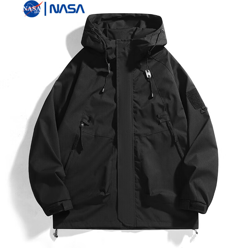 NASAMITOO连帽夹克外套男士2024秋季新款宽松休闲百搭工装纯色登山服 黑色 L