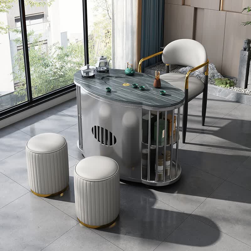 伍泽新中式阳台移动小茶桌不锈钢家用客厅茶桌茶台一体设计天然石茶几