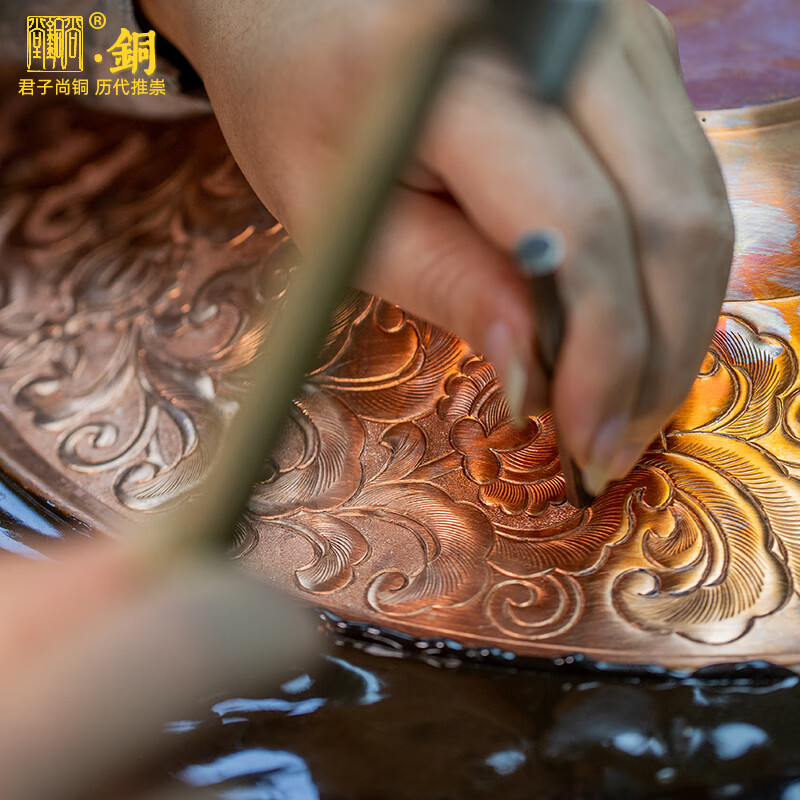 尚銅堂国级黄俊军技能大师工作室手工锻錾收藏级老北京紫铜炭火锅 加大火锅 32cm