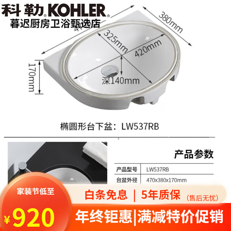 科勒（KOHLER）台盆智洁陶瓷椭圆形洗脸手面盆台下盆卫浴 LW537RB单盆