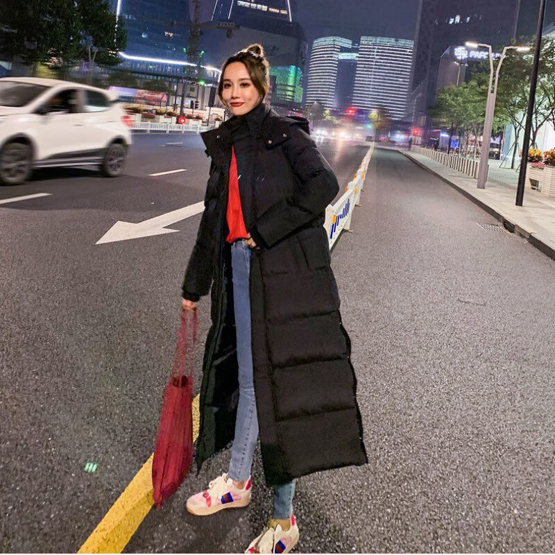 洛之潮大童羽绒棉服女12-15岁新款宽松版2024新款ins外套棉衣过膝棉袄 黑色 S 建议75-100斤