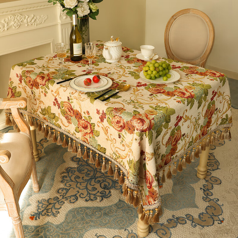 乐唯仕欧式长方形餐桌桌布轻奢高级感家用客厅茶几布布艺台布高档餐桌布 繁花似锦-米(吊穗款) 140*220cm(稍大餐桌)