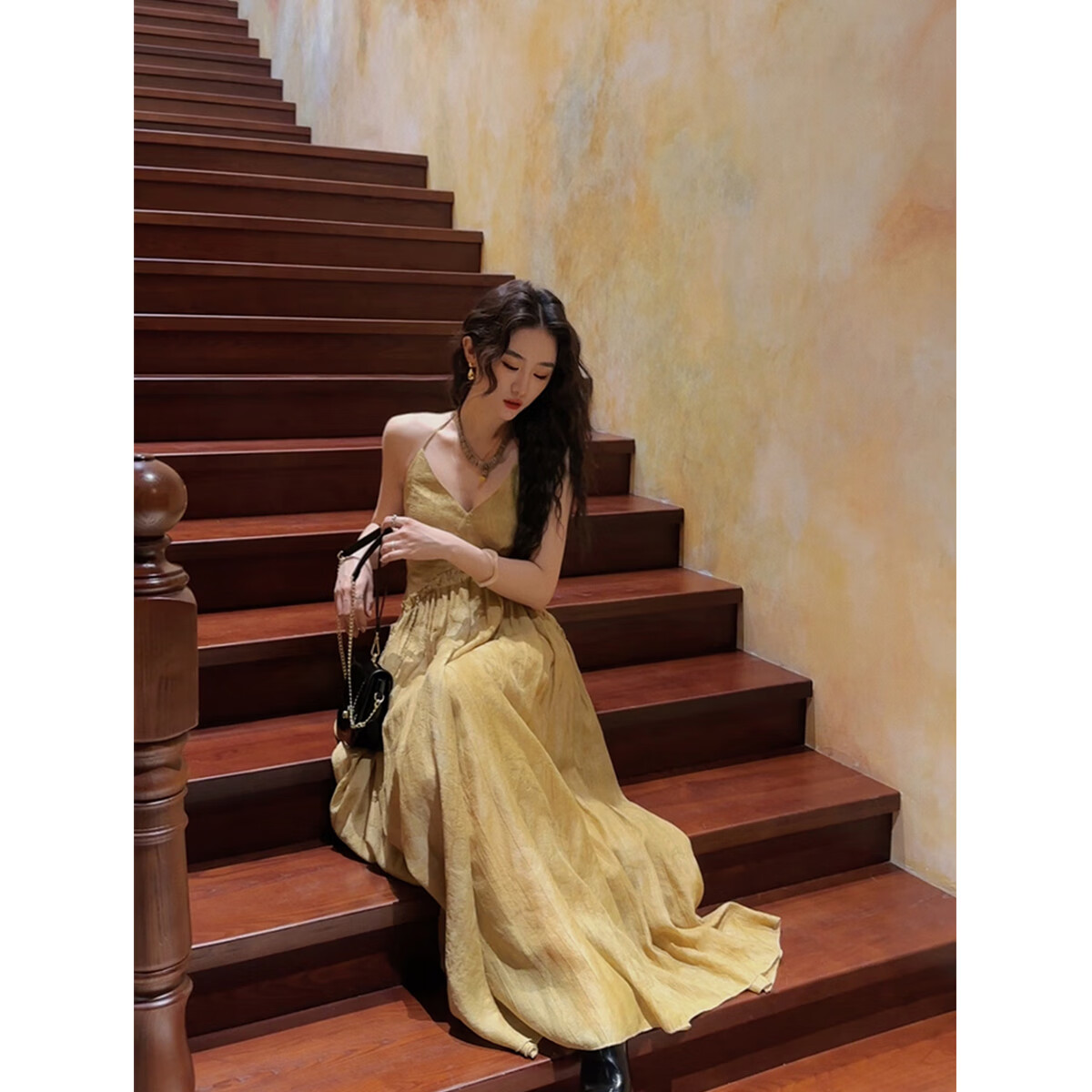 三吉黑花鹦鹉梨严选【浮香绕】国风新中式初春吊带连衣裙子女装长裙褶皱 星空灰 现货(48小时内发货) L