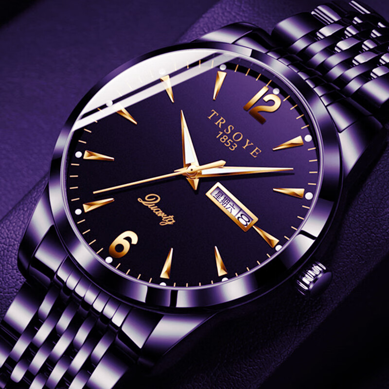 CLNAI时尚潮流男表防水夜光双日历星期钢带大气男士手表男款考试腕表 间金白面【日期+星期+夜光】 39mm