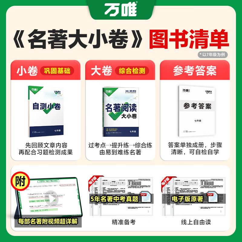 万唯名著导读考点精练初中文学中考名著阅读训练测试卷七八九年级初一二三知识梳理基础综合检测模拟试卷试题册万维教育 名著大小卷【7年级新教材】全一册