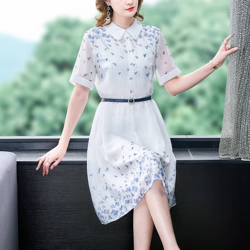 jiandirun风铃花真丝连衣裙女夏季时尚气质优雅白色a字裙 花色 s
