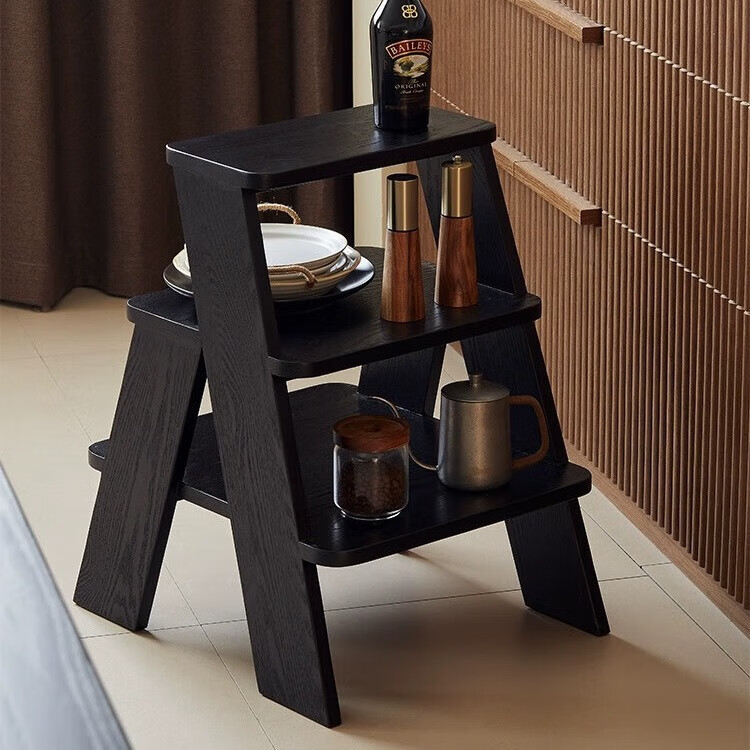 实木设计款实木多功能矮凳换鞋凳创意角几边桌垫脚梯子 黑色款三层