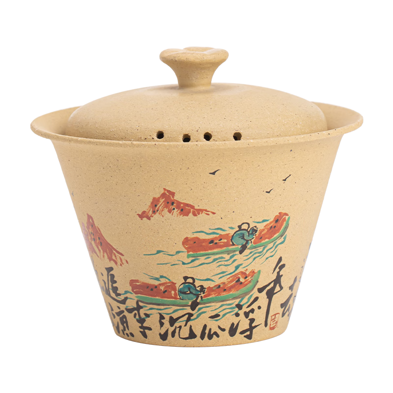 苏氏陶瓷（SUSHI CERAMICS）紫砂手绘二才盖碗黄金段泥陈瑞玲老师作品