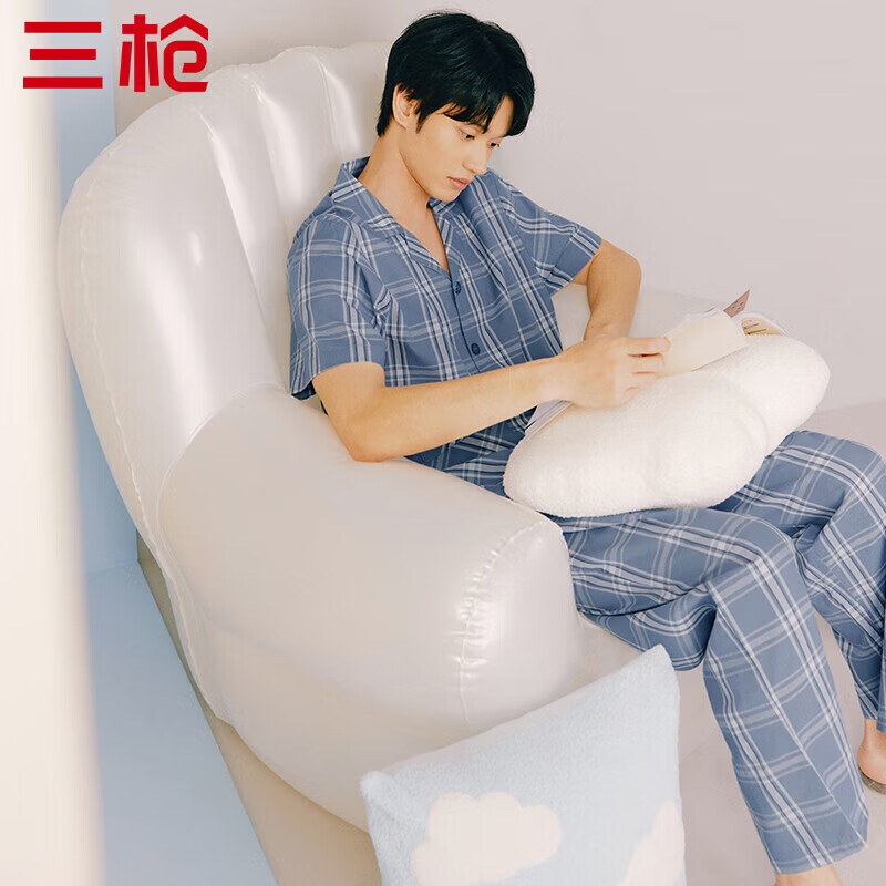 三枪(threegun)睡衣男春夏纯棉格纹短袖长裤开襟翻领男士家居服套装