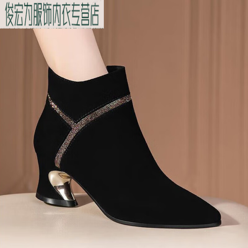 fcfv女士翻毛皮鞋高帮粗跟红青蜒真皮磨砂中跟短靴春秋尖头加绒马丁靴