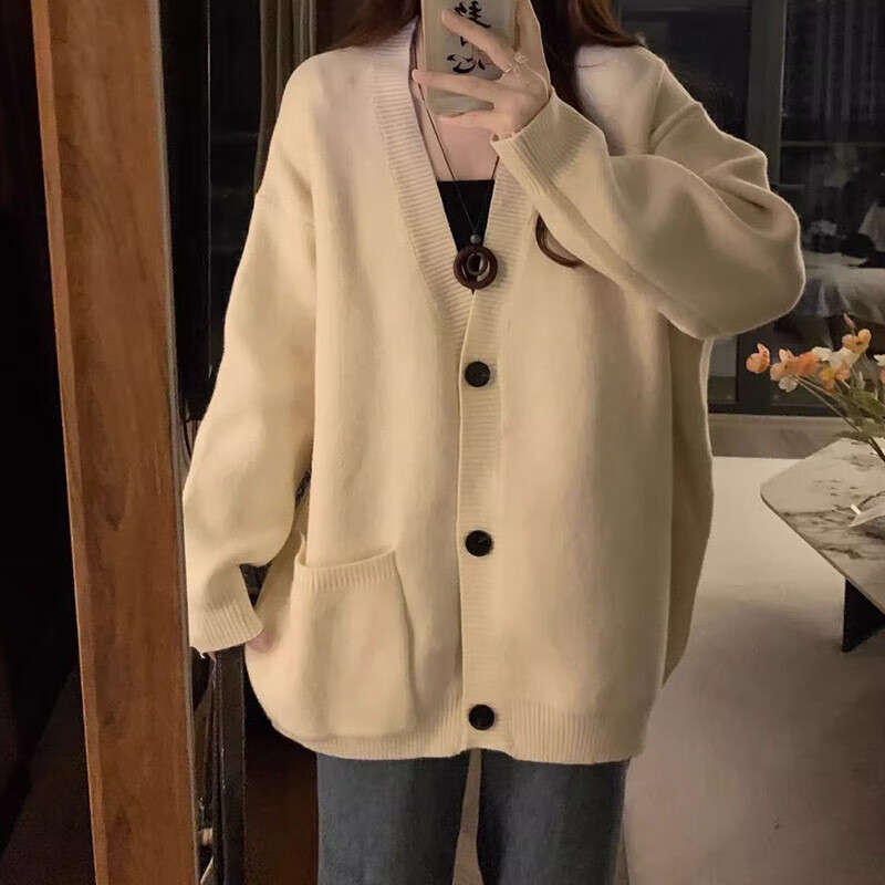 浪莎中长款针织衫开衫女秋冬新款宽松显瘦薄外套韩版休闲百搭秋装上衣 米白色 均码【适合80-140斤】