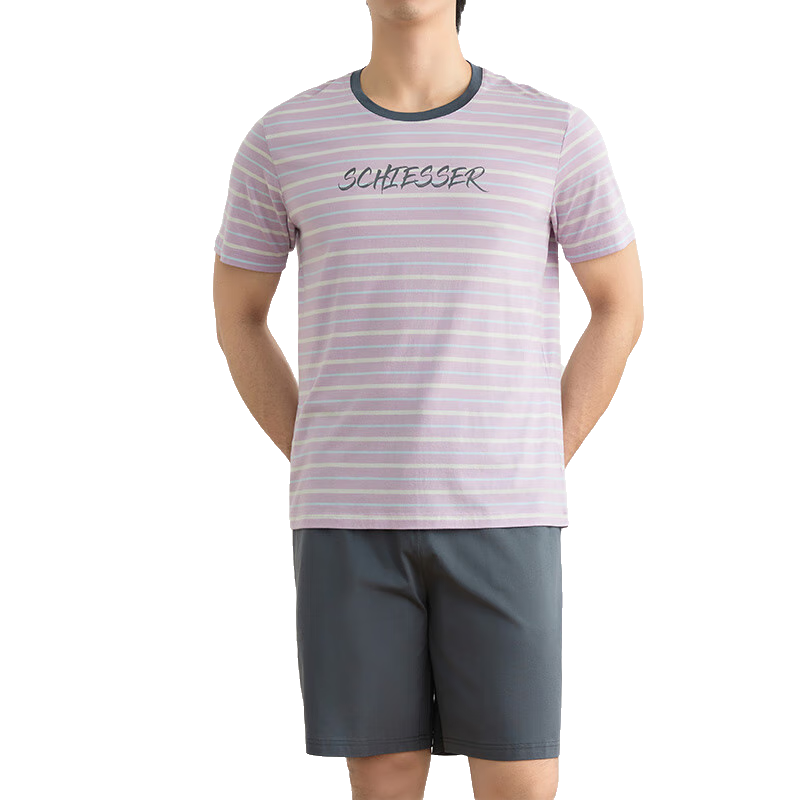 舒雅【棉莫代尔】男士圆领舒适条纹短袖短裤睡衣家居服套装