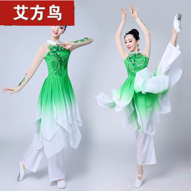 艾方鸟（AIFANGNIAO）古典舞蹈服装成人2022飘逸茉莉花广场舞秧歌演出服扇子套装 绿色渐变 XS