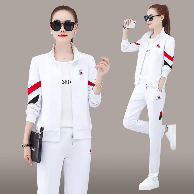 度特朗（duteLanG）運(yùn)動(dòng)套裝女春秋季新款時(shí)尚氣質(zhì)減齡立領(lǐng)衛(wèi)衣三件套大碼休閑跑步服 2201白衣白褲 XL /建議110-120斤/