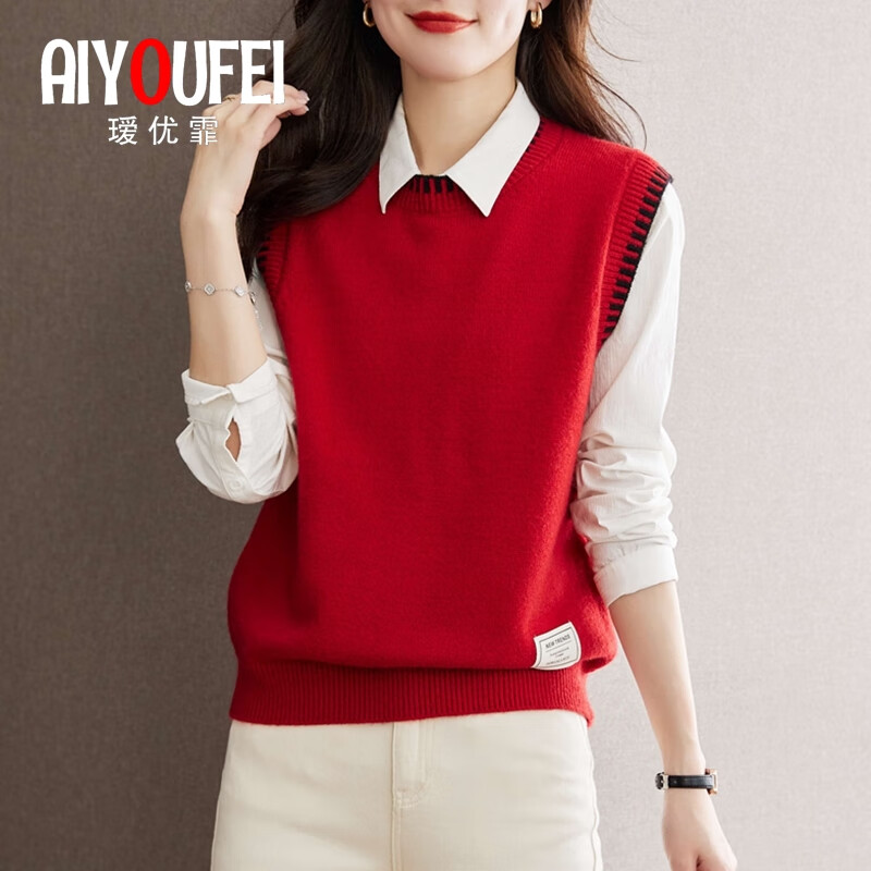 瑷优霏(aiyoufei)羊毛针织马甲背心女春秋坎肩2026新款针织衫上衣宽松叠穿毛衣外穿 图片色 红色 S 建议90斤左右