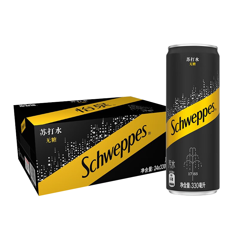 可口可樂（Coca-Cola）Schweppes怡泉無糖零卡/含糖蘇打水汽水飲料整箱裝 原味330ml*24罐【無糖】
