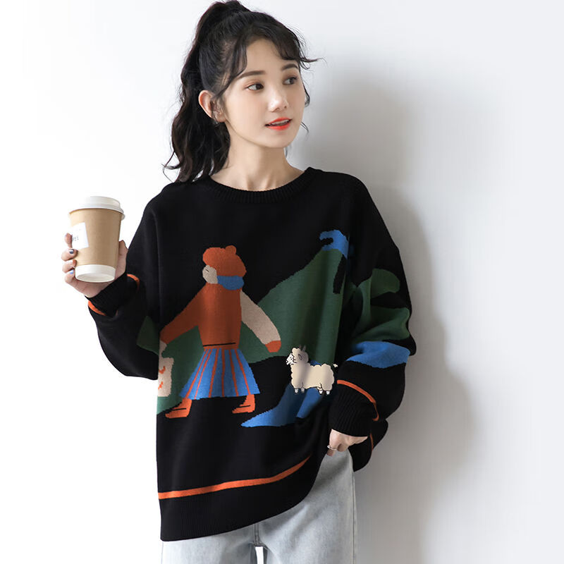 弧倩大朗毛织2023秋季复古港风黑色毛衣女外穿春秋季宽松慵懒风长袖针