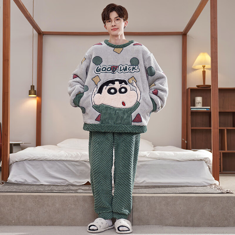 萧淑妃睡衣男冬季加厚保暖法兰绒加大码青少年学生原创卡通珊瑚绒家居服 蜡笔小新 5XL