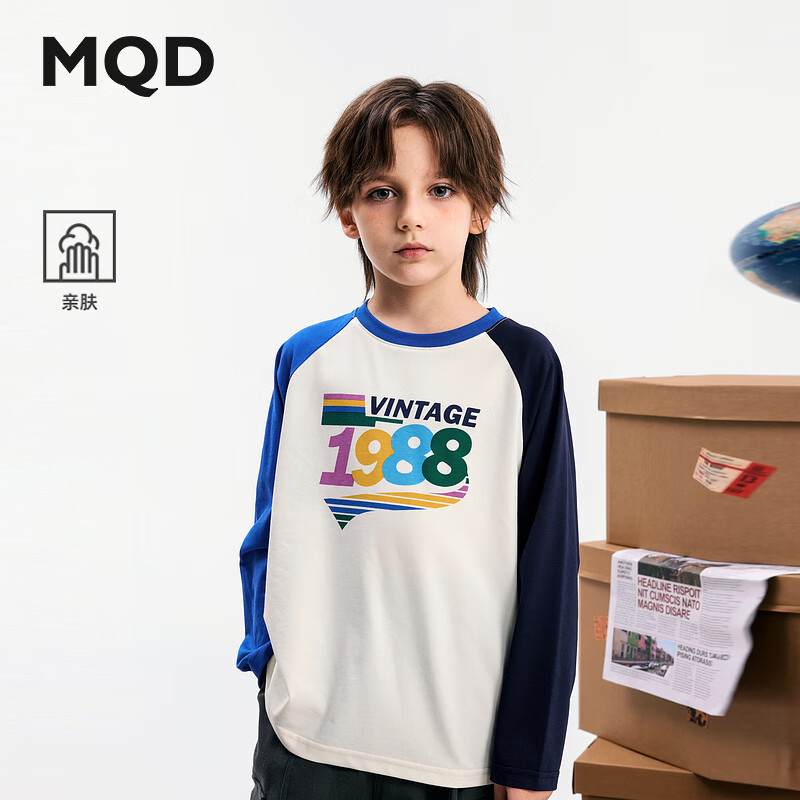 马骑顿（MQD）MQD男大童秋季学院风撞色插肩袖鸳鸯色美式复古长袖T恤 藏青 140
