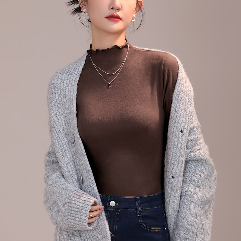 六月玫瑰 打底衣女新款双面磨毛内搭半高领打底衫秋衣女上衣2件装 杏+深咖(80-125斤) 均码