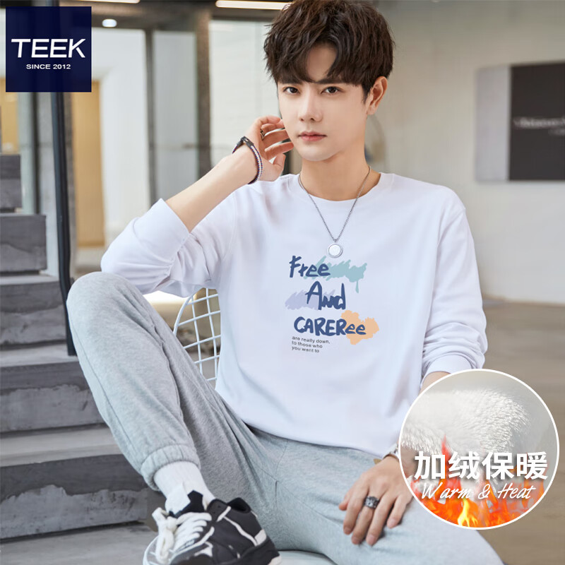 TEEK秋季休闲时尚长袖t恤男士衣服 2025新款男装秋冬青少年体恤衫上衣 【加绒】JH50L白色 4XL
