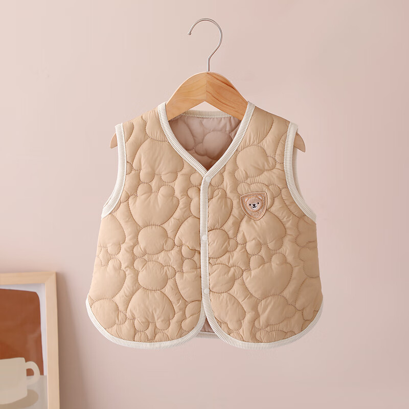 婧麒（JOYNCLEON）婴儿马甲春秋冬款宝宝保暖背心外穿坎肩a类1岁男女儿童仿羽绒100g 棕色 90