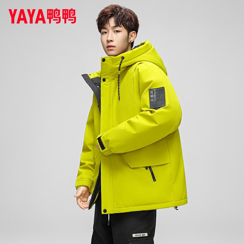 鸭鸭羽绒服男短款2024年冬季新款加厚户外冲锋连帽工装青年潮流外套 黑色 180/XL