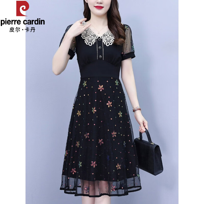 皮尔卡丹绣花网纱拼接连衣裙女装夏季新款修身时尚镂空休闲百搭设计感