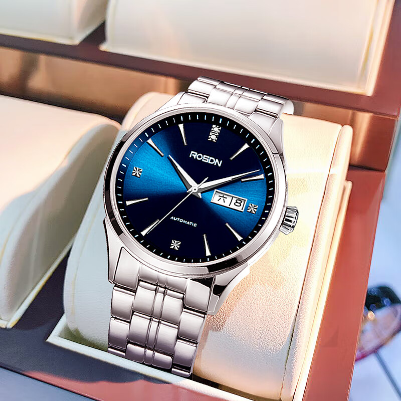 劳士顿机械手表男简约大气男表双日历精钢男士手表送男友520礼物男表