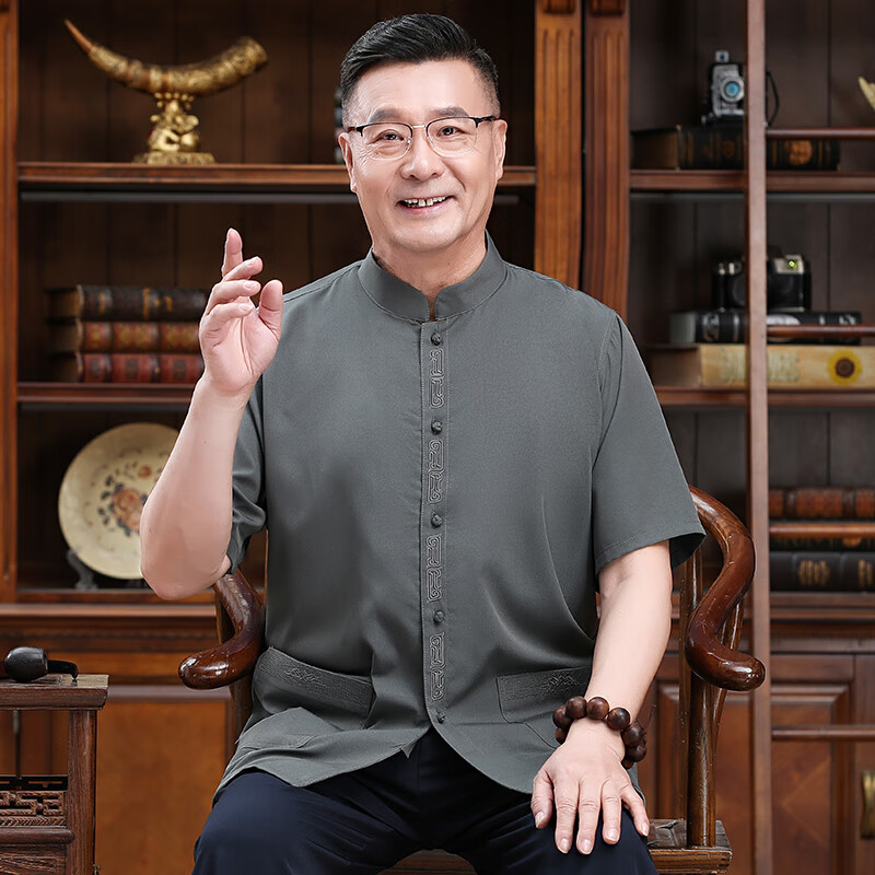 妤淳中老年爸爸衣服夏季50-60岁夏天穿的唐装男人短袖衬衫套装老人爷