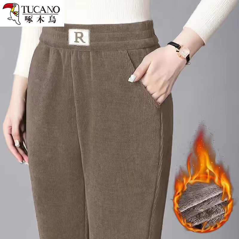 啄木鸟秋冬新加厚雪尼尔妈妈裤高腰弹力休闲裤宽松显瘦直筒裤女长裤加绒 R 卡其【加绒加厚】 加绒 3XL 建议105-130斤