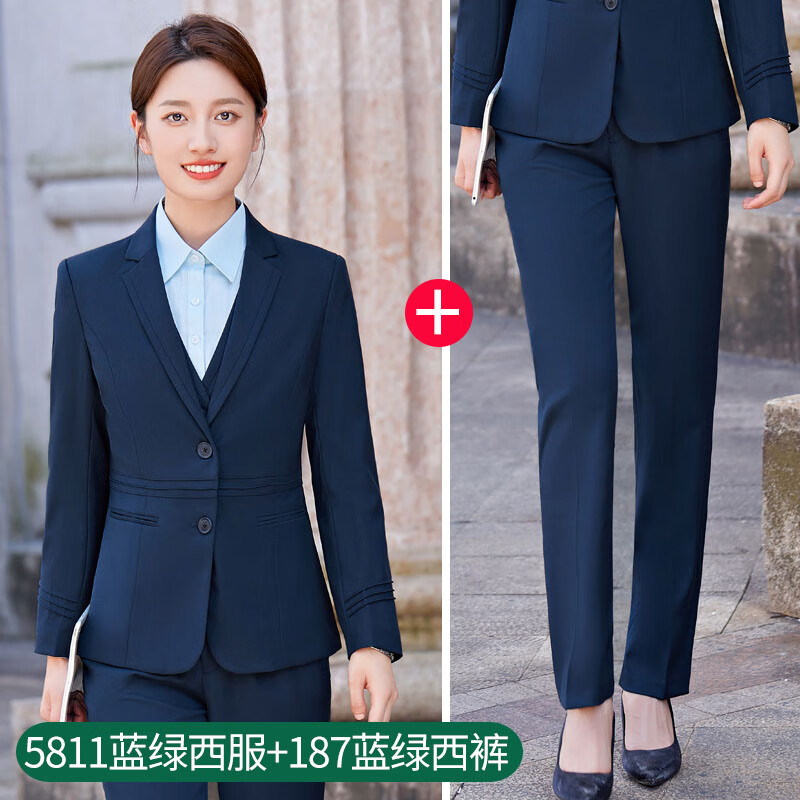 席佰中國郵政工作服冬季 新款男女西服套裝郵局儲蓄銀行外套工裝褲西 5811女藍(lán)綠西服+187藍(lán)綠西褲 XL