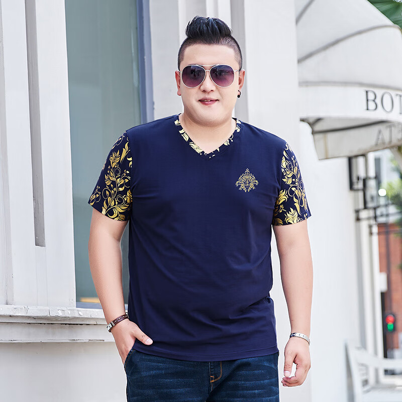 范世提夏季肥佬大码t恤短袖男大肚子胖子男生穿夏天时尚t恤加肥加v领