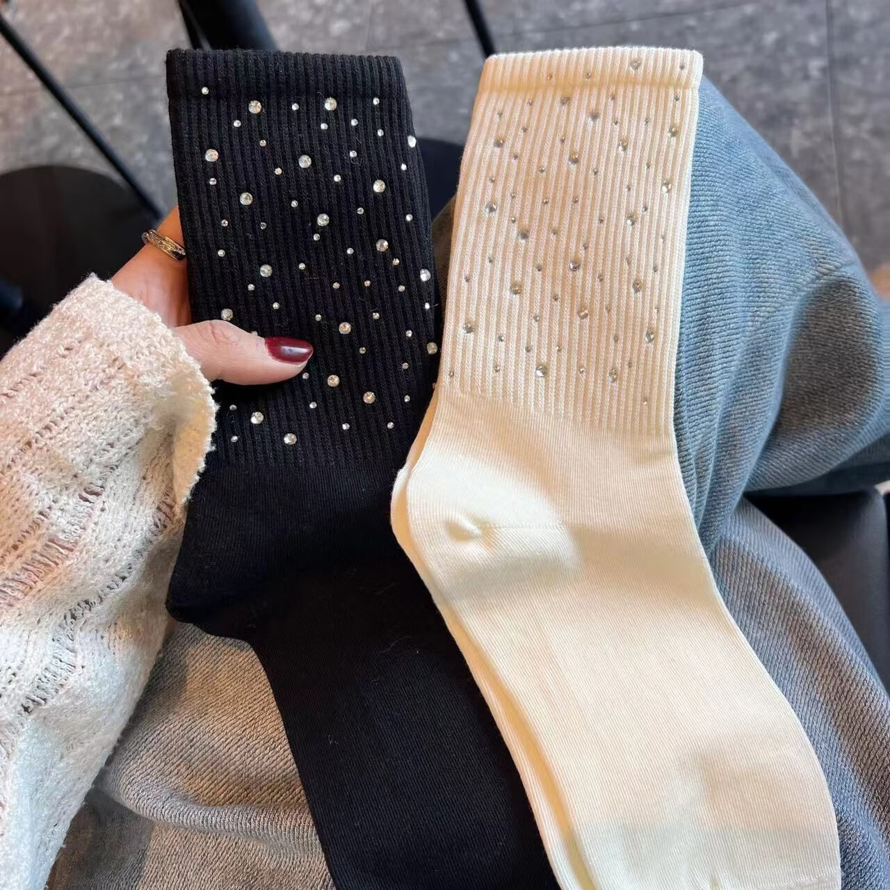 趣仕达袜子春夏春季款满天星闪钻袜子女ins韩版重工烫钻精梳棉女袜 1