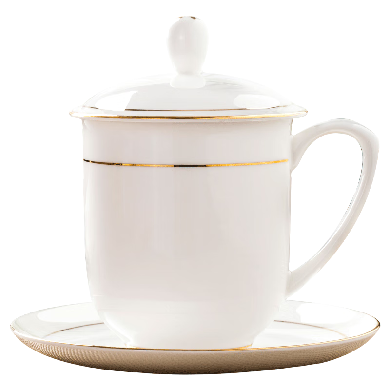 陶相惠茶杯陶瓷帶蓋骨瓷金邊辦公杯會議杯帶碟喝茶水杯開會杯子10只套裝