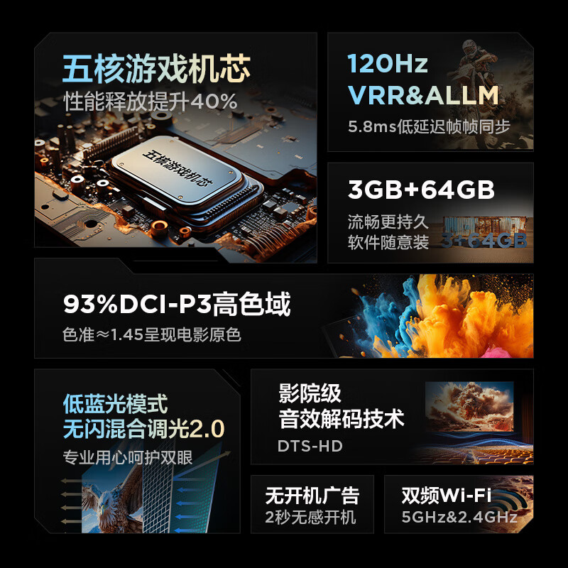 FFALCON雷鸟 鹏6 24款 55英寸游戏电视 4K超薄全面屏 MEMC 远场语音 3+64G 智能液晶平板游戏教育电视机 55英寸 国家补贴 鹏6 24款 政府补贴