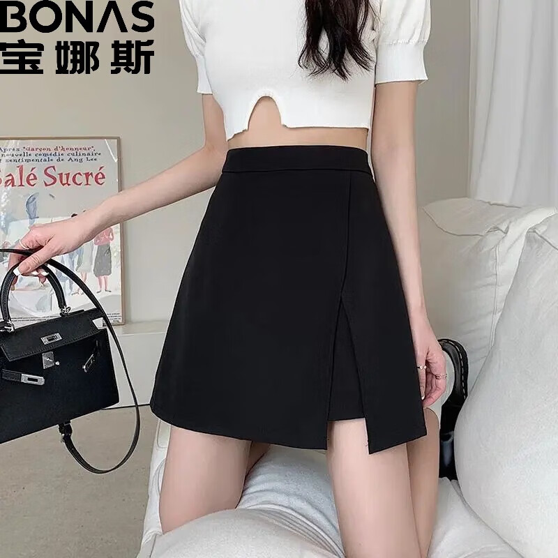 宝娜斯（BONAS）T新款2024半身裙女开叉夏季 黑色不规