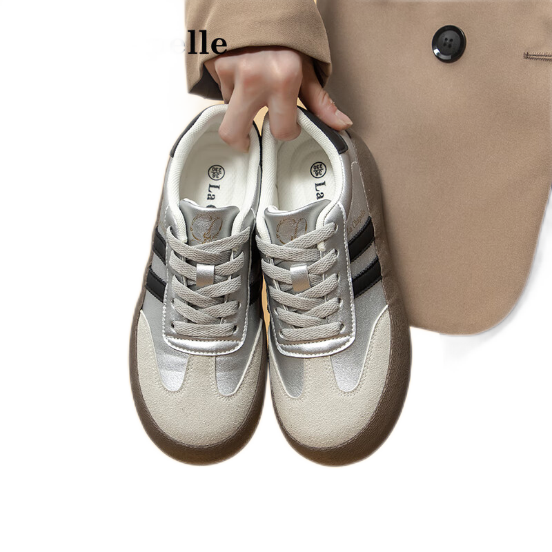 拉夏贝尔女鞋德训鞋女户外运动小白鞋女百搭休闲护脚软底透气舒适运动板鞋 银色 【6606】 