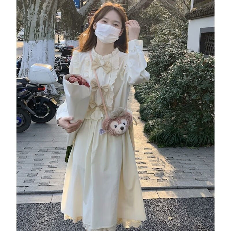糖哆少女初中生女生秋冬连衣裙小个子甜美温柔蝴蝶结连衣裙少女学生可