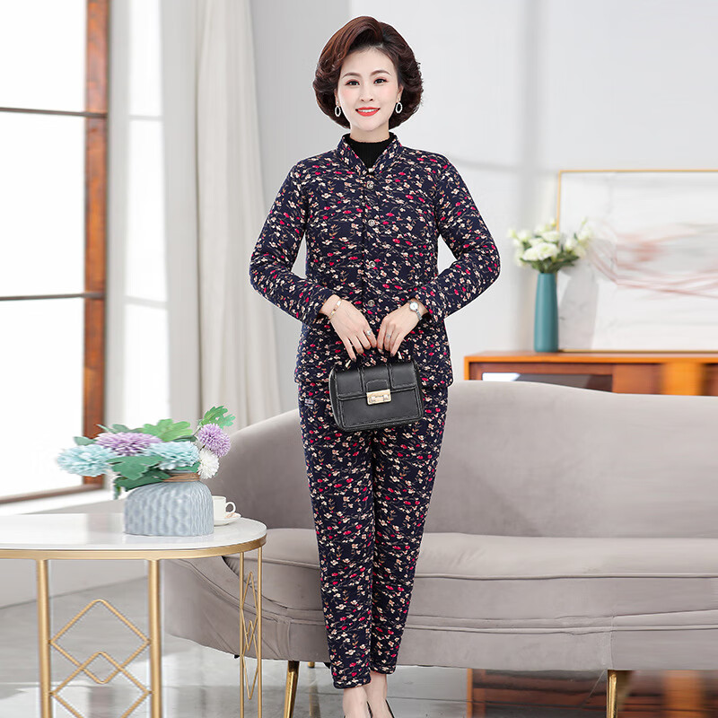 tomms)轻奢中老人棉袄棉裤女加绒加厚妈妈装保暖套装奶奶驼绒棉衣两件