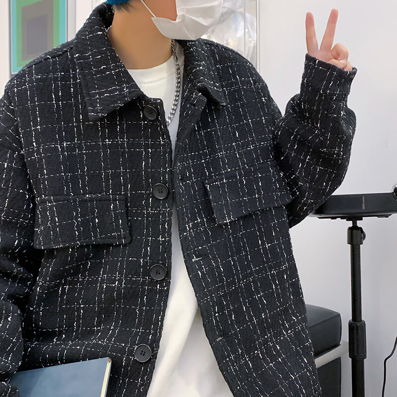 mificy新款格子小香风外套男春秋季宽松ins潮流夹克高街休闲开衫上