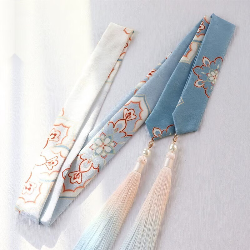 tlxt施华洛世奇锆山色古风印花飘带汉服渐变流苏发带头绳发饰 湖光