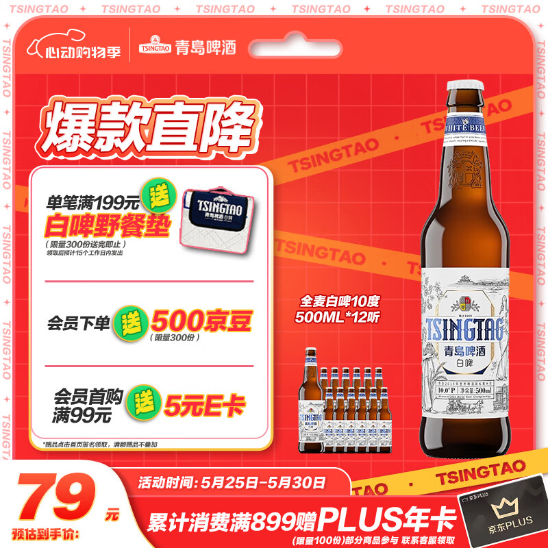 青岛啤酒（TsingTao）全麦白啤10度500ml*12瓶 整箱装 新老包装随机发货 露营出游